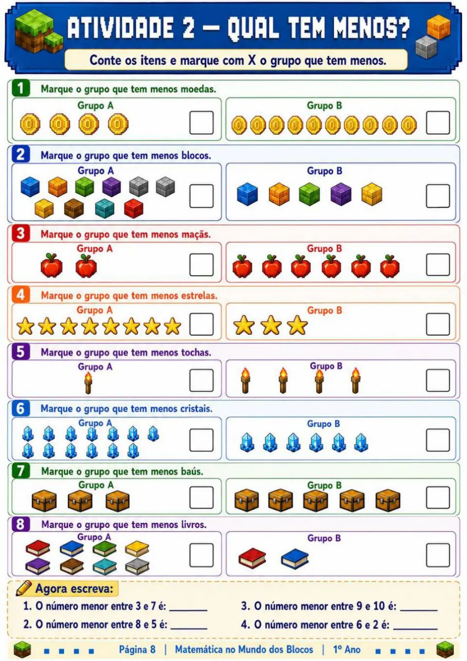 Ficha de matemática — 1.º ano, qual grupo tem menos