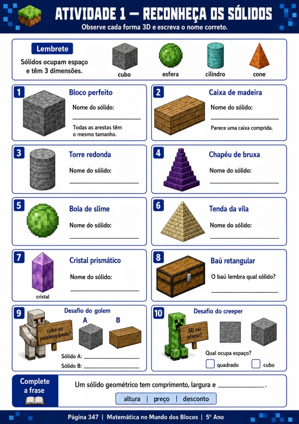 Ficha de matemática — 5.º ano, sólidos geométricos