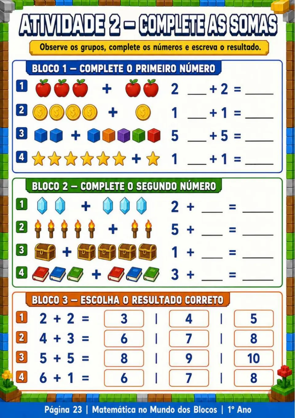 Ficha de matemática — 1.º ano, completa as somas