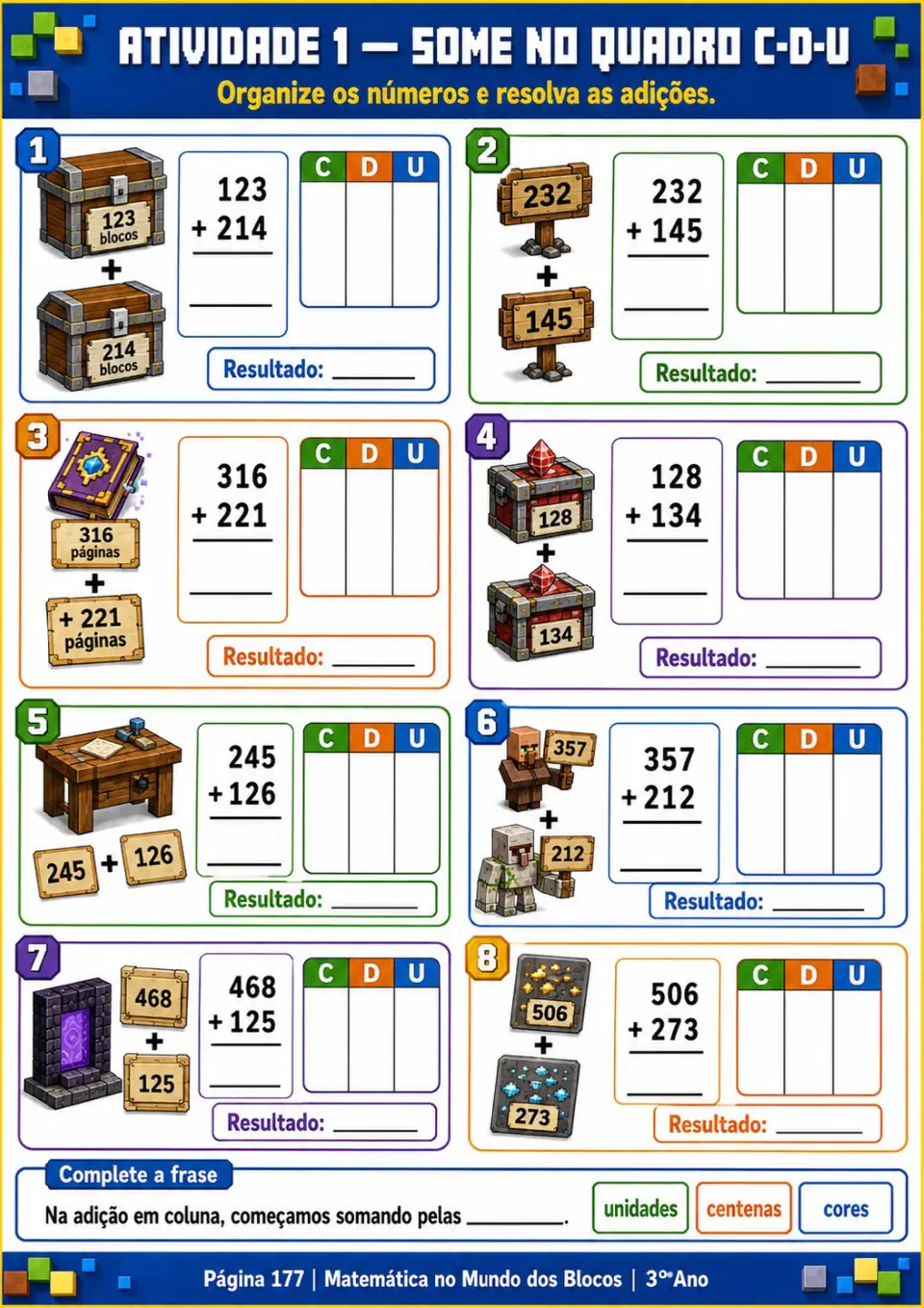 Ficha de matemática — 3.º ano, adição no quadro C-D-U