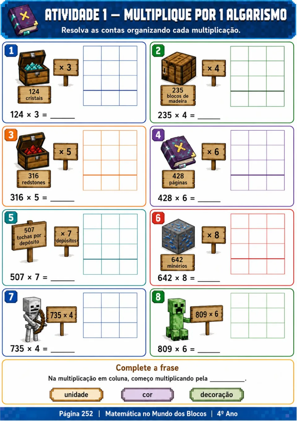 Ficha de matemática — 4.º ano, multiplicação por um algarismo