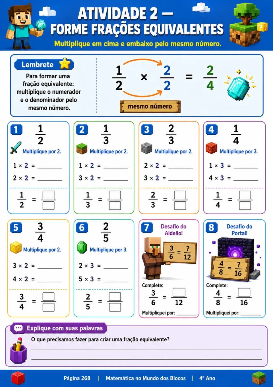 Ficha de matemática — 4.º ano, frações equivalentes