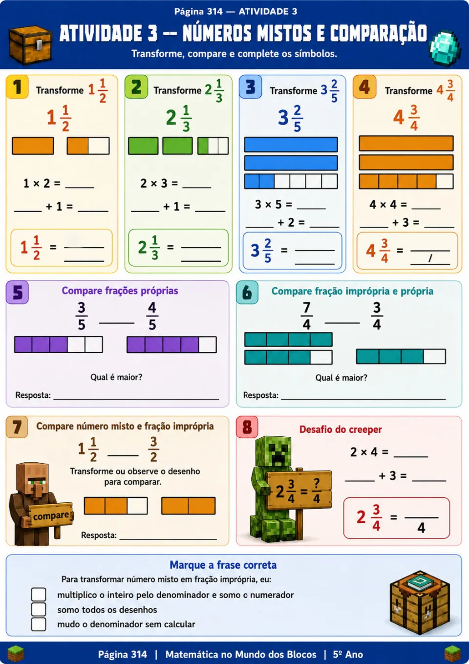 Ficha de matemática — 5.º ano, números mistos e comparação