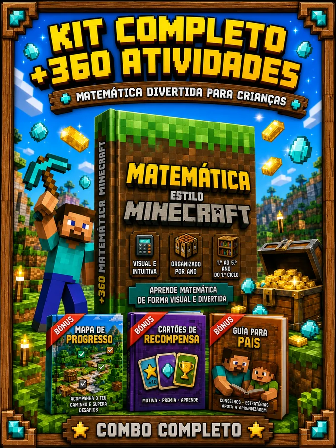 Combo Completo · +360 atividades de matemática estilo Minecraft com 3 bónus